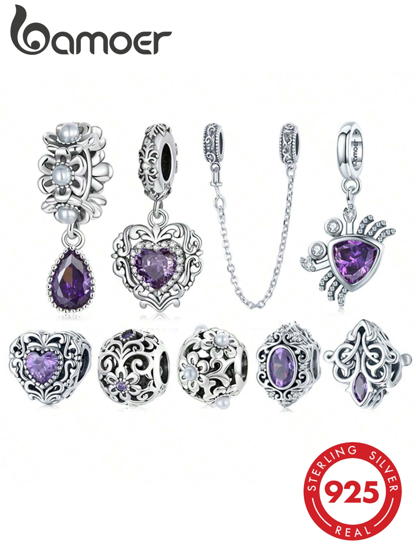 bamoer 1pc 925 Sterling Silver Purple Sparkling Gemstone Series Pendant, Heart-Shaped Teardrop Pendant, Suitable For Matching Vintage Beaded Bracelets