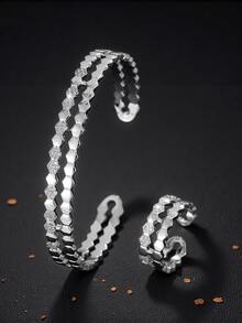 两件套奢华简约锆石镶嵌菱形蜂窝设计开口手镯戒指套装，适合日常佩戴、节日、派对、婚礼、夏季、开斋节/斋月祝福礼物，优雅女士礼品。 - 彩色 - 查看 8