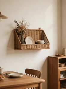 1pc Rustic Rattan Style Hanging Basket With Hook - Wall Mounted Storage Basket, Suitable For Bathroom, Kitchen, Cosmetics, Souvenirs, Bathroom Decor Shelf, Vanity Organizer, Kitchen Junk Storage, Home Decor Basket, Bedroom & Living Room Decoration - Brown - View 2