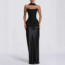 Waist-Closed Sexy Tube Top Hip-Wrapped Satin Lace-Up Dress - 黑色 - 查看 1
