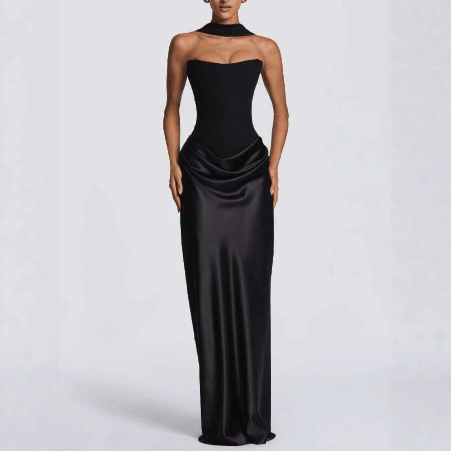 Waist-Closed Sexy Tube Top Hip-Wrapped Satin Lace-Up Dress - 黑色 - 查看 1