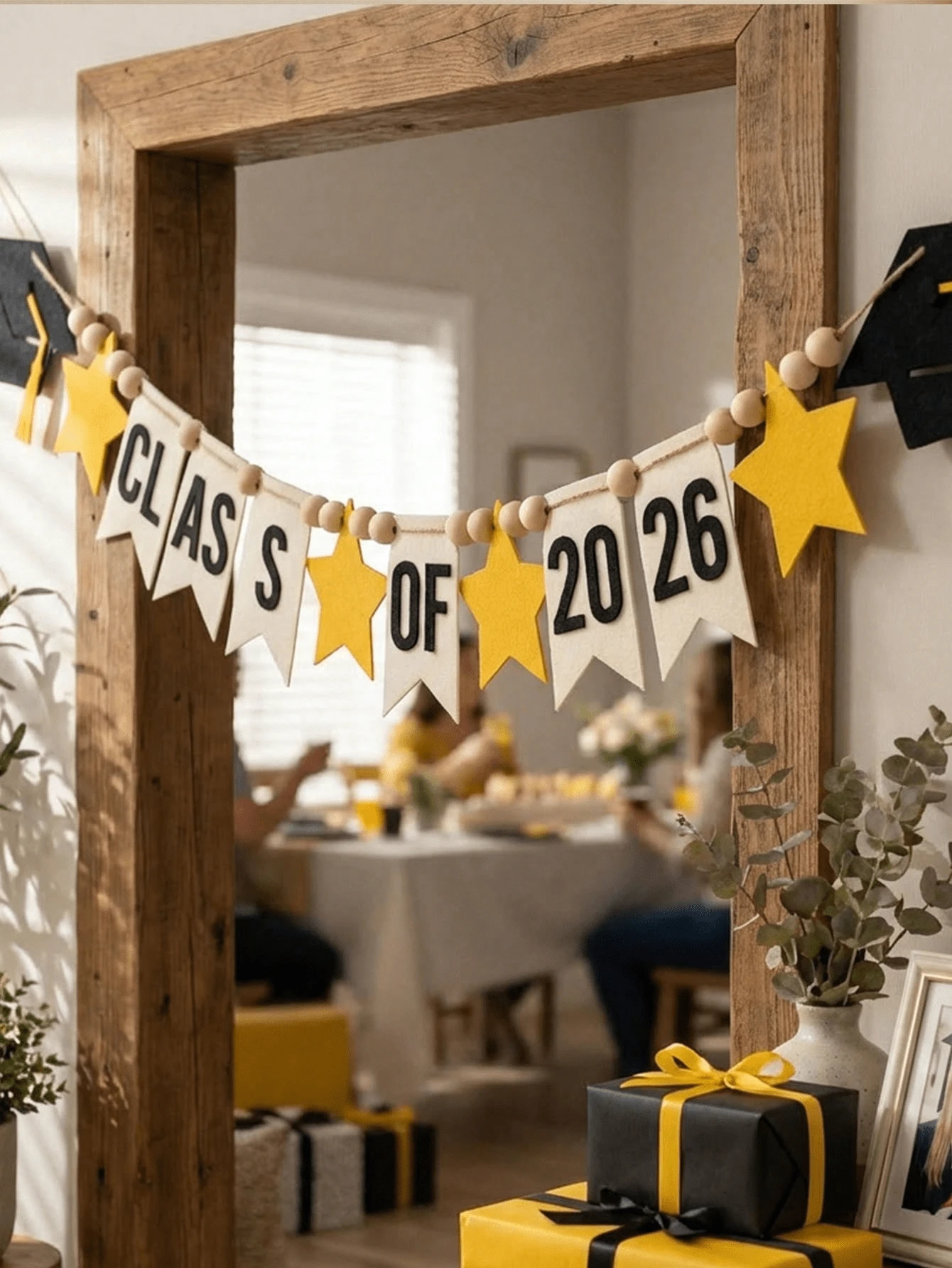 2026畢業橫幅,黑金三角旗附「Class Of 2026」文字,裝飾畢業帽與星星,預組裝高中/大學畢業派對用品 - 彩色 - 查看 1