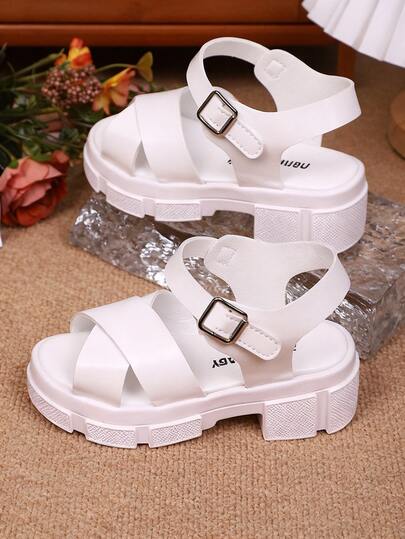 1 Pair Kids' White PU Leather Open-Toe Sandals With Crisscross Straps, Buckle Ankle Strap & Platform Chunky Sole Non-Slip Lightweight Breathable Casual Summer Shoes Perfect For Daily Wear, Beach & Outdoor Activities