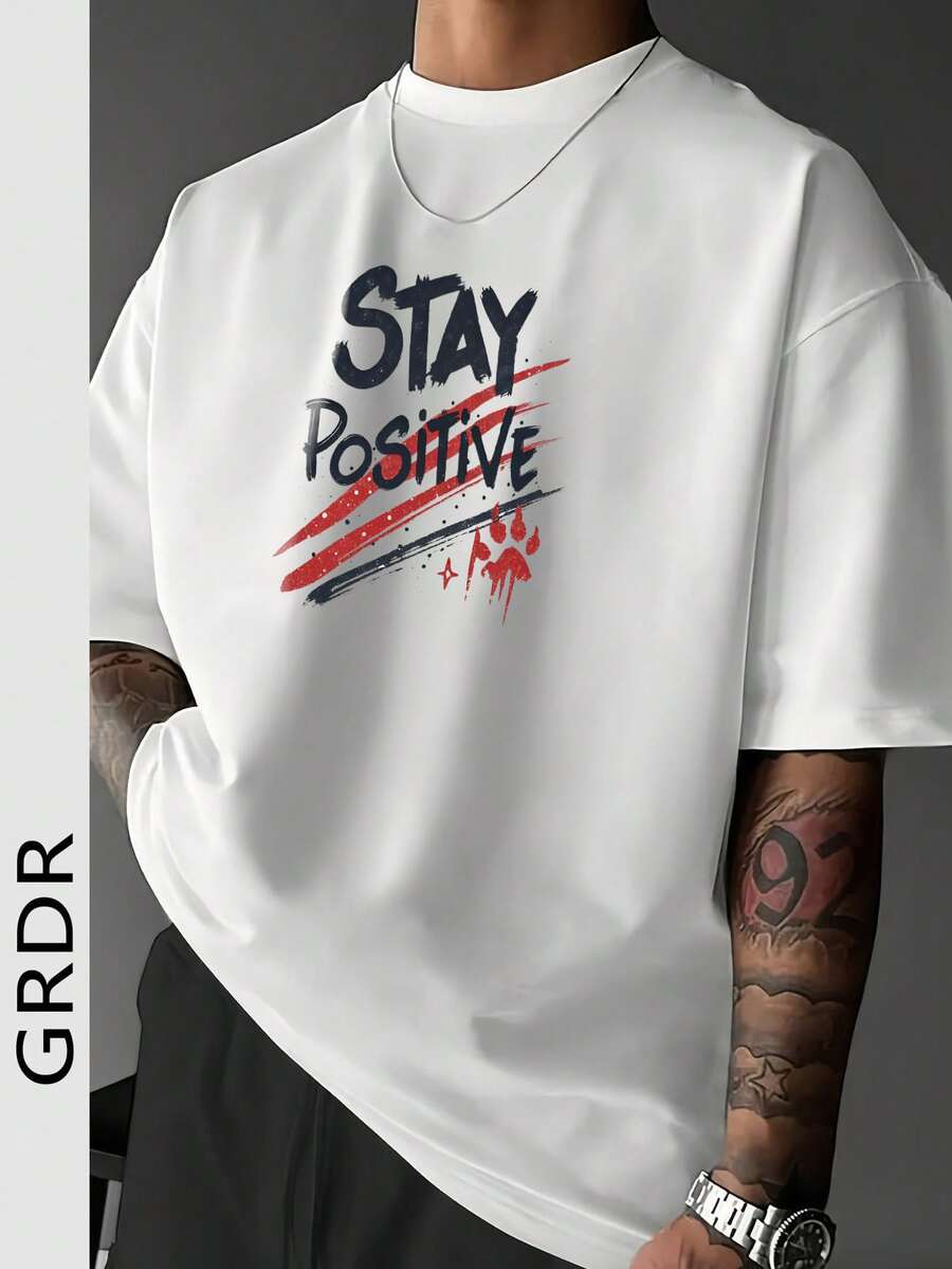 GRDR Men's Casual Letter Slogan Graphic Print Round Neck Short Sleeve T-Shirt, Comfortable & Fashionable - White - View 1