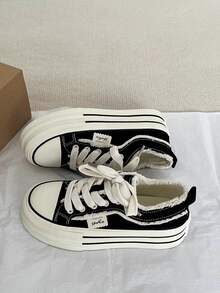 Women's Thick-Soled Canvas Sneakers, Solid Color, Lightweight, Durable, Breathable Casual Shoes, European And American Style, Minimalist Round Toe, Non-Slip, Platform, Casual, Walking, Travel, Vacation Flat Shoes, Black, Suitable For All Seasons, Athletic Lace-Up Sneakers, Indoor - 黑色 - 查看 4