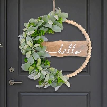 绿色门环，木珠花环配人造羊耳草叶，迎宾花环，春夏绿叶装饰，适用于婚礼、圣诞节、冬季房间装饰、圣诞家居装饰、圣诞礼物
