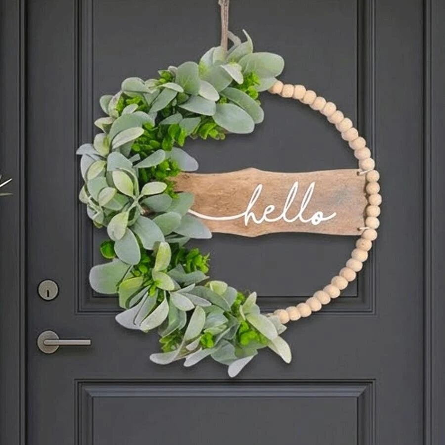 绿色门环，木珠花环配人造羊耳草叶，迎宾花环，春夏绿叶装饰，适用于婚礼、圣诞节、冬季房间装饰、圣诞家居装饰、圣诞礼物 - 彩色 - 查看 1