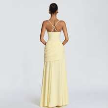 Temperament Solid Color Low-Cut Pleated Suspender Waist Backless Dress - Yellow - View 4