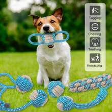 7pcs Durable Chew Toys Set, Suitable For Biting Dogs, Medium & Small Breeds Teething Toys, Sturdy Tug Of War Toy Set With Dual-Color Braided Ropes, Also Help Clean Teeth - Durable Pet Supplies, Chew Toys For Dogs & Cats, Blue & Green Rope Design - 彩色 - 查看 5