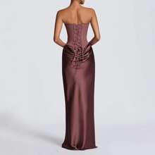 Waist-Closed Sexy Tube Top Hip-Wrapped Satin Lace-Up Dress - Reddish-brown - View 2