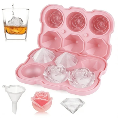 一套带盖硅胶易脱模冰格，可制作2英寸玫瑰花形和菱形冰块，冰模，适用于果汁、饮料装饰、夏季饮品、咖啡馆、餐厅、家庭厨房、派对、婚礼、母亲节礼物