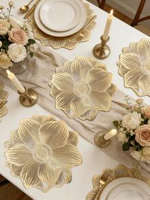 1pc Gold Rose Flower PVC Placemat, Washable, Easy To Clean, Wipe-Clean, Anti-Slip, Holiday Wedding Party Dining Table Decor - Multicolor - View 6