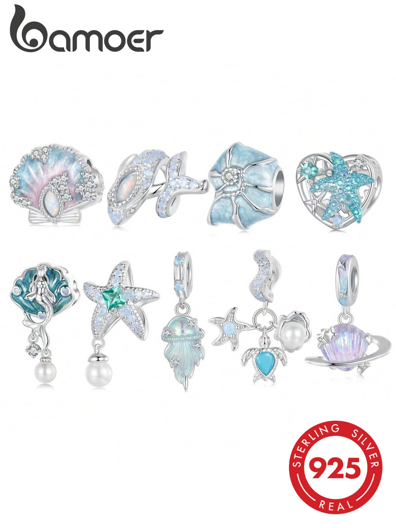 bamoer 1颗925纯银蓝色海洋系列珠子，适合DIY手链，女士/女孩海星、水母、贝壳珠夏季饰品