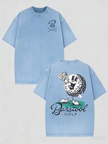 230g Vintage Washed Pure Cotton Men's T - Shirt, Featuring A Casual And Stylish Design With A "Barstool GOLF" Golf - Ball Print. Ideal For Outdoor Sports, This T - Shirt Offers A Loose Fit And Is Made From Soft Knitted Fabric - 天藍色 - 查看 3