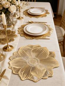 1pc Gold Rose Flower PVC Placemat, Washable, Easy To Clean, Wipe-Clean, Anti-Slip, Holiday Wedding Party Dining Table Decor - Multicolor - View 5