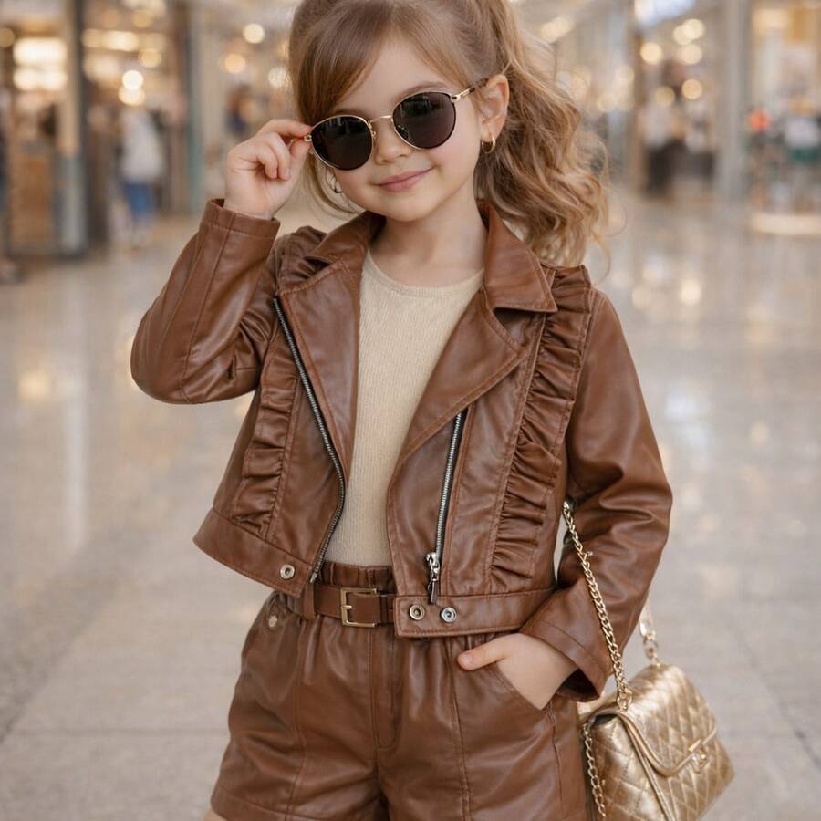 Girls' Faux Leather Jacket With Front Ruffle, Double-Sided Zipper, And Modern Collar – Black And Brown, Sizes 2 To 10 Years - 鏽棕色 - 查看 1