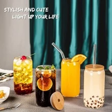 Bộ 24 cốc thủy tinh có nắp và ống hút kèm cọ vệ sinh ống hút, cốc cà phê thủy tinh 16oz có nắp, cốc thủy tinh có ống hút và nắp, thích hợp cho các buổi họp mặt gia đình, tiệc tùng, đám cưới và quà tặng Ngày của Mẹ. - trong suốt - Xem 2