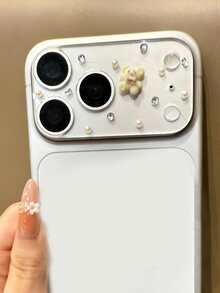 Bling Rhinestone Cute 3D Bear Faux Pearl Glass Camera Film Protector Compatible With IPhone 17 Pro Max 17 Pro Clear Hard Glassy Lens Protector Film Cover Accessories Mother's Day Gift Party - Beige Bear - View 3