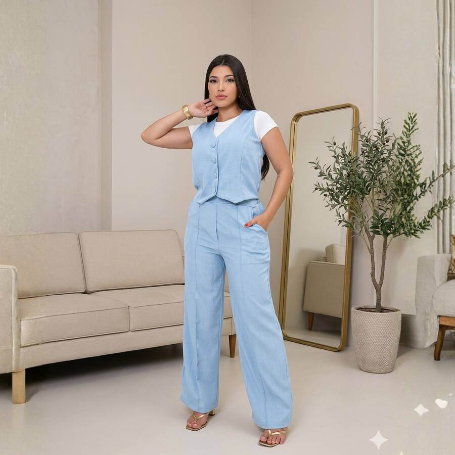 Women's Tailored Set: Vest And Wide-Leg Pants. Elegant, Casual, Chic, Modern, Conservative/Modest. Party/Fabric. Buttons Down The Front. Gathered Waist. Women's Formal Set. Office/Baby Shower/Formal And Evening. Holidays/Home/Summer, Spring And Autumn. - 淺藍色 - 查看 1