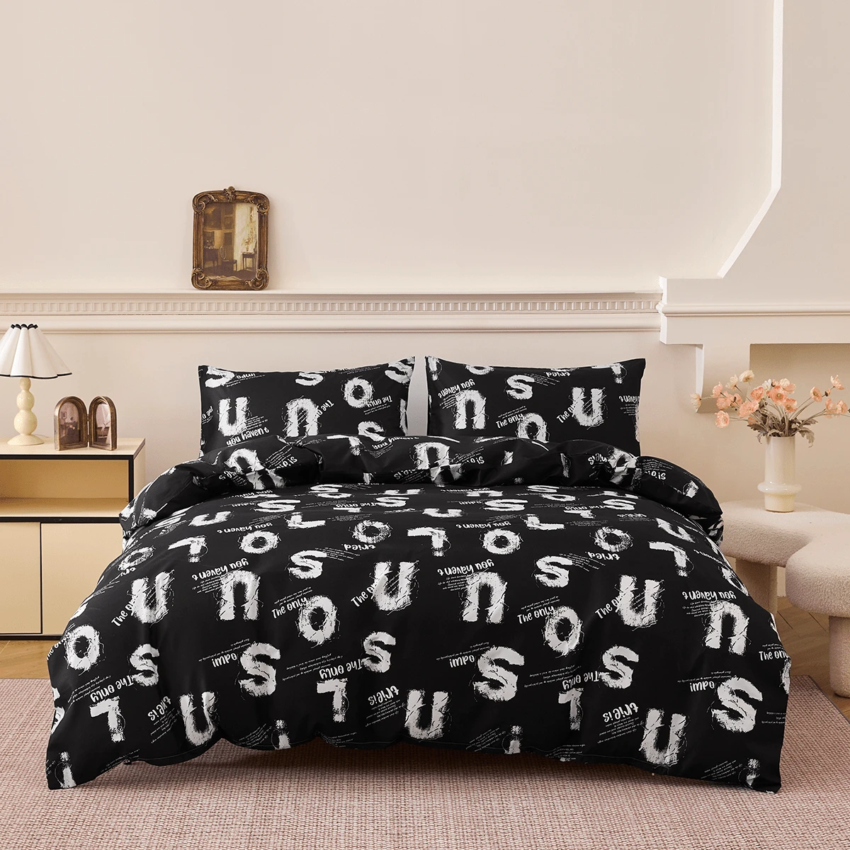 3pcs Bedding Set, Fashionable & Cooling Black Stylish Letter Duvet Cover Set, 100% Polyester 90gsm Soft Breathable Fabric, Black & White Letter Duvet Cover + 2 Pillow Shams, Suitable For Bedroom, Guest Room And Dorm, Ideal Holiday Gift