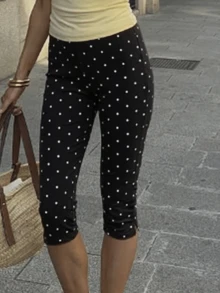 Women Y2k Polka Dot Printed Capris Cute Low Rise Stretchy Cropped Pants Side Bow Tie Skinny Capri Leggings Going Out - 黑色 - 查看 9