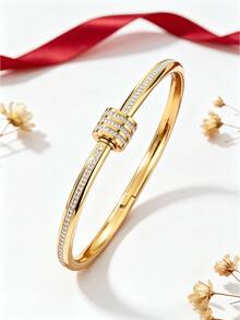 5/1pc - Luxury Titanium Steel Bracelet: Inlaid Zirconia Four-Leaf Clover And Roman Numeral Design. High-Quality Aesthetics, Suitable For Stacking, Versatile For Daily Commute. Non-Fading - An Ideal Gift For Girlfriend Or Best Friend. - Gold - View 9