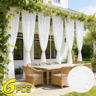 6 Panels Outdoor Lightweight Semi-Sheer Rod Pocket Waterproof Curtains For Patio, Romance Garden Decor Solid Color Sheer Curtains For Porch, Pergola, Gazebo, Cabana, Pool