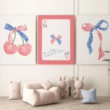 3pcs/Set July 4th Bow Print, American Art Print, Independence Day Artwork, Girly Wall Decoration, Fashionable Wall Decoration, Cherry-Themed Wall Decoration, Suitable For Home Decor, Room Decor, Bedroom Decor, Living Room Decoration, Bathroom Decor, Wall Decor, Optional Wall Art With Frame. - A - View 1
