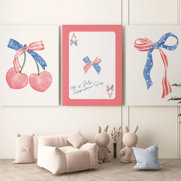 3pcs/Set July 4th Bow Print, American Art Print, Independence Day Artwork, Girly Wall Decoration, Fashionable Wall Decoration, Cherry-Themed Wall Decoration, Suitable For Home Decor, Room Decor, Bedroom Decor, Living Room Decoration, Bathroom Decor, Wall Decor, Optional Wall Art With Frame.
