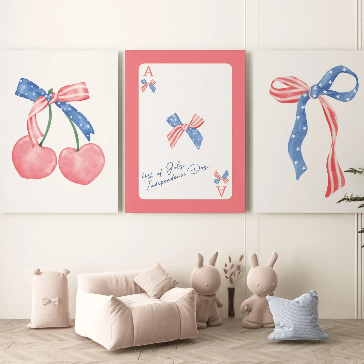 3pcs/Set July 4th Bow Print, American Art Print, Independence Day Artwork, Girly Wall Decoration, Fashionable Wall Decoration, Cherry-Themed Wall Decoration, Suitable For Home Decor, Room Decor, Bedroom Decor, Living Room Decoration, Bathroom Decor, Wall Decor, Optional Wall Art With Frame. - A - View 1