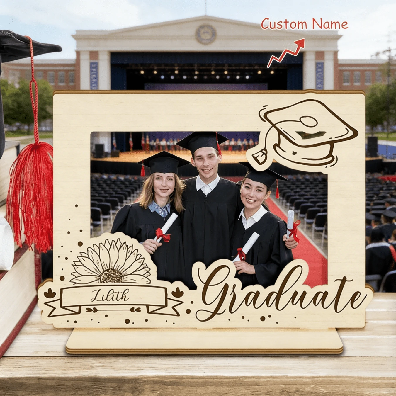 1pc 2026 Graduation Wooden Photo Frame, 5-Inch Photo Display With Double-Layer Scratch-Resistant Board, Featuring Graduation Cap, Wheat, Stars And Fireworks Pattern, Suitable For Graduation Party Table Decor, Living Room, Bedroom, Study Desk Decoration, Photography Prop, Graduation Memorabilia Gift - A - View 1