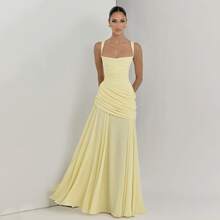 Temperament Solid Color Low-Cut Pleated Suspender Waist Backless Dress - Yellow - View 10