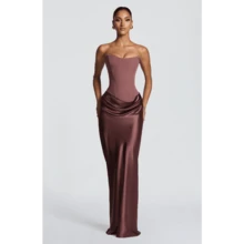 Waist-Closed Sexy Tube Top Hip-Wrapped Satin Lace-Up Dress - Reddish-brown - View 8