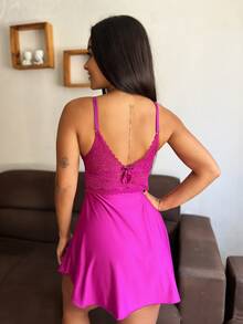 Women's Sexy Short Nightgown Plain Without Padded Luxury With Lace Details - Short Pajamas For Adult Women Lingerie Nightgown Lace Sexy Night Line Honeymoon Lace Nightwear Comfortable Lingerie Valentine's Day - 紫色 - 查看 3