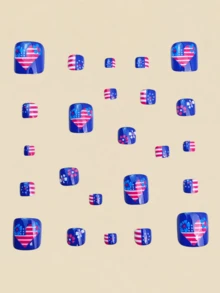 24 de autocolante pentru unghii de la picioare cu tematică de Ziua Independenței. Drapel patriotic, imprimeu floral. Folii pentru unghii de la picioare cu design de stea cu dungi roșii, albe și albastre. Autocolante adezive de unică folosință pentru unghii de la picioare. Autocolante pentru unghii scurte false. - Multicolor - Vizualizare 2
