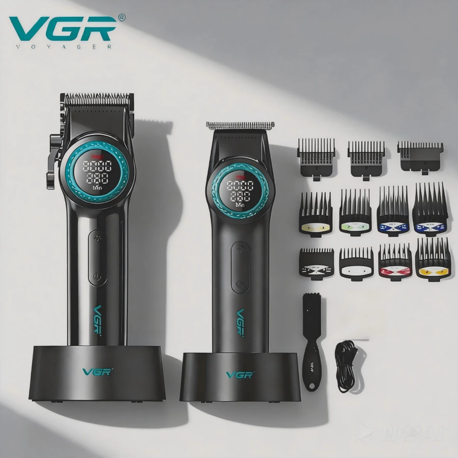 VGR 专业理发器，9000 转/分钟高速，电动理发器，数字显示屏，21 档变速，带充电底座，金属材质，适用于理发师，型号 V-001PRO 和 V-977 - 彩色 - 查看 1