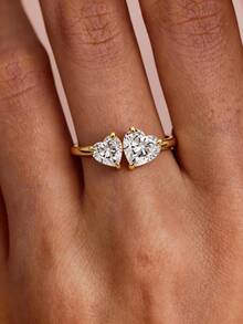 1枚优雅精致的“Toi Et Moi + Toi-Et-Moi”双心形订婚戒指，适合婚礼佩戴 - 金色 - 查看 3