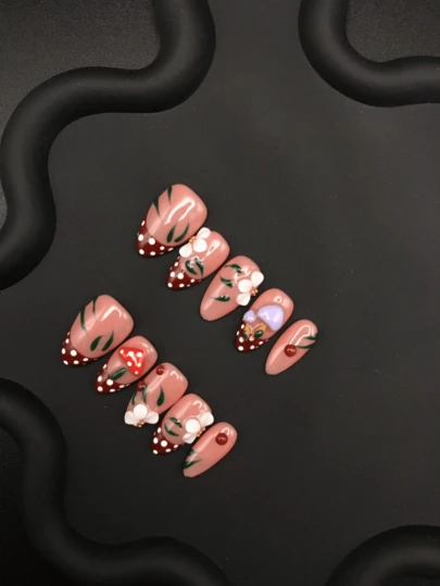 Móng tay giả thủ công hình hạnh nhân, phong cách đồng quê mùa xuân hè, họa tiết chấm bi, hoa ba chiều, hình nấm, móng dán sẵn để sử dụng hàng ngày.