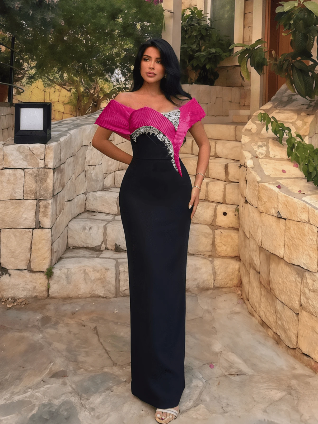 撞色水钻装饰不对称正式礼服，适合晚宴 - 彩色 - 查看 1