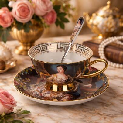 [Elegant Palace Style] European Retro Bone China Afternoon Tea Set (Cup + Saucer + Spoon) - Deep Blue With Hand-Painted Classical Portrait, Floral Pattern Saucer, English Aristocratic Afternoon Tea Set