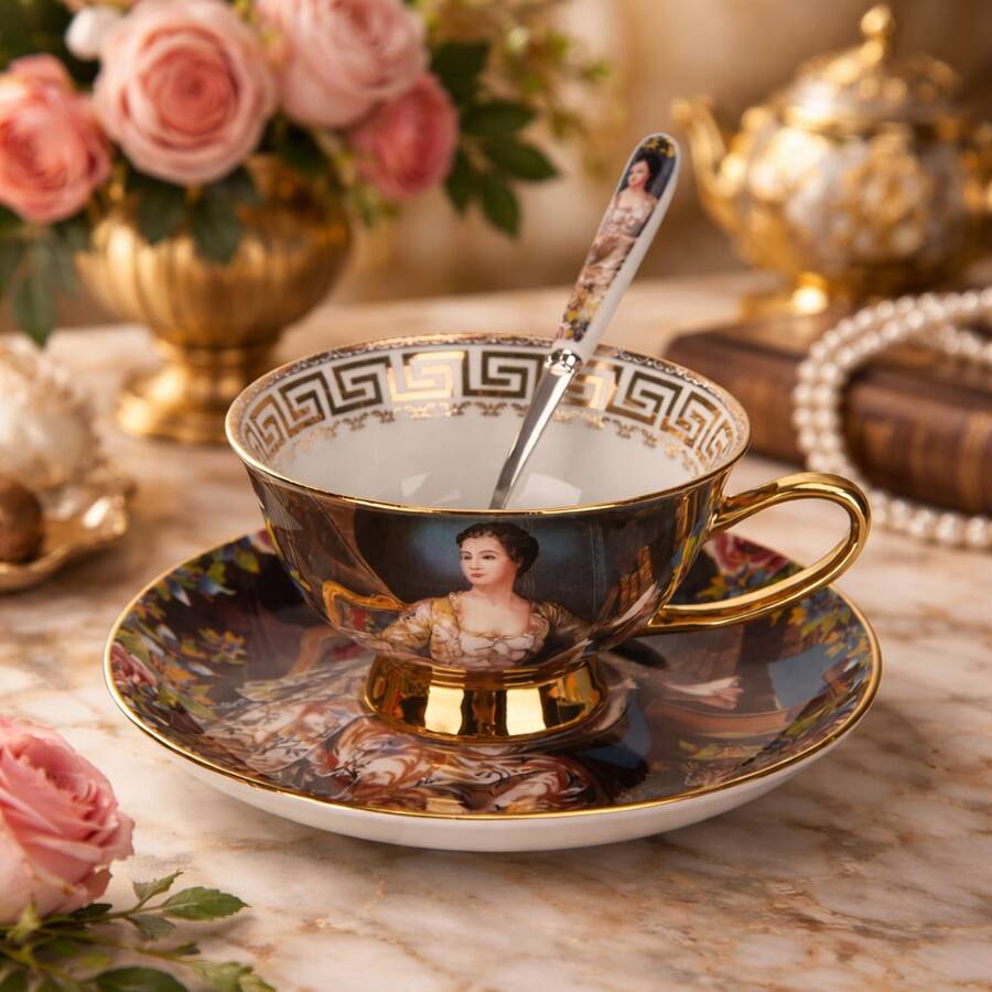 【优雅宫廷风】欧式复古骨瓷下午茶套装(茶杯+茶碟+茶勺)- 深蓝色手绘古典肖像,花卉图案茶碟,英式贵族下午茶套装 - 黑色 - 查看 1