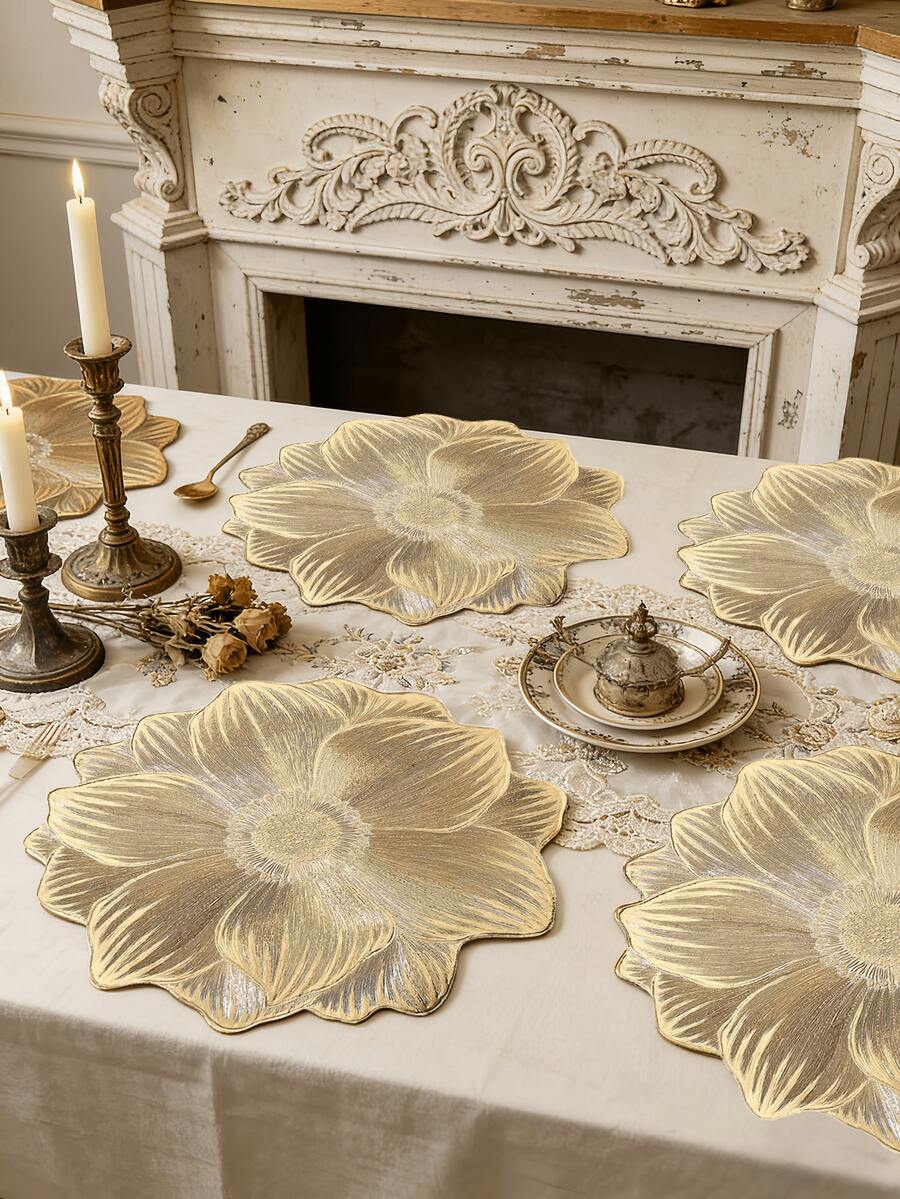 1pc Gold Rose Flower PVC Placemat, Washable, Easy To Clean, Wipe-Clean, Anti-Slip, Holiday Wedding Party Dining Table Decor - Multicolor - View 1