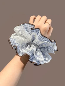 1pc Blue & White Plaid Double-Layer Lace Scrunchie, French Romantic Low Ponytail Hair Tie, Fashionable Hair Accessory For Spring/Summer - Multicolor - View 5