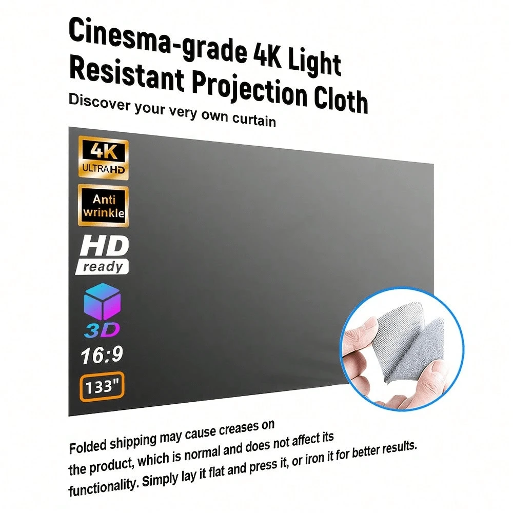 Portable Projection Screen 16:9 4K Reflective Fabric Projection Screen Suitable For LCD Series Movie Video Home Projector, No Need For Drilling