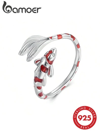 bamoer 1pc 925 Sterling Silver Red Koi Fish Open Ring, Lucky Fish Design, Adjustable Size, Women's Birthday Gift, Exquisite Jewelry