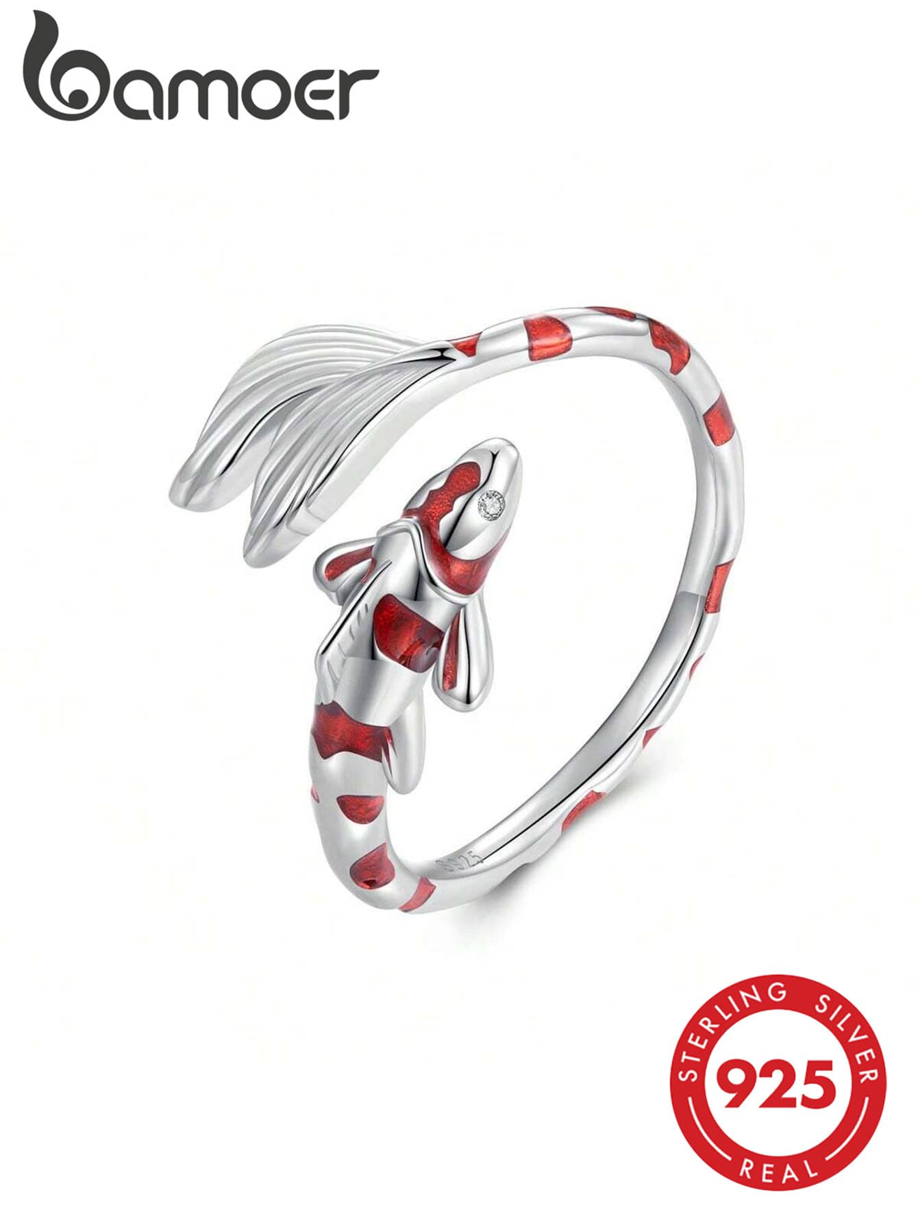 bamoer 1 pieza Anillo abierto de plata de ley 925 con diseño de carpa roja, diseño de pez de la suerte, talla ajustable, regalo de cumpleaños para mujer, joyería exquisita