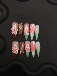 Móng tay giả thủ công dài, nhọn, chạm khắc 3D theo phong cách đồng quê mùa xuân hè, hoa tươi và ba chiều với hạt vàng nhỏ, móng dán dùng hàng ngày. - Nhiều màu - Xem 3