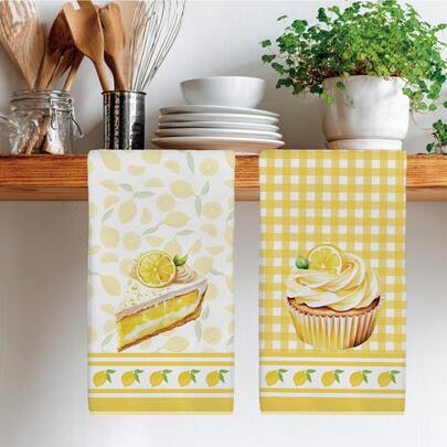 2pcs Yellow & White Checkered Lemon Cake Pattern Kitchen Towels, 40*60cm Soft Microfiber Material, Suitable For Home, Kitchen, Restaurant, Outdoor Camping, Tabletop Cleaning, Dish Drying, Hand Drying, Holiday Gift