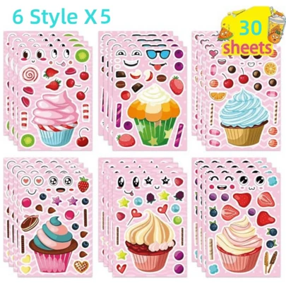 12/18/24/30 Sheets Make-A-Face Cupcake Stickers Make Your Own Dessert Stickers Mix And Match Sweets And Fruit Treats Party Favor Supplies For Kids Ice Cream Sticker Games Birthday DIY Art Crafts