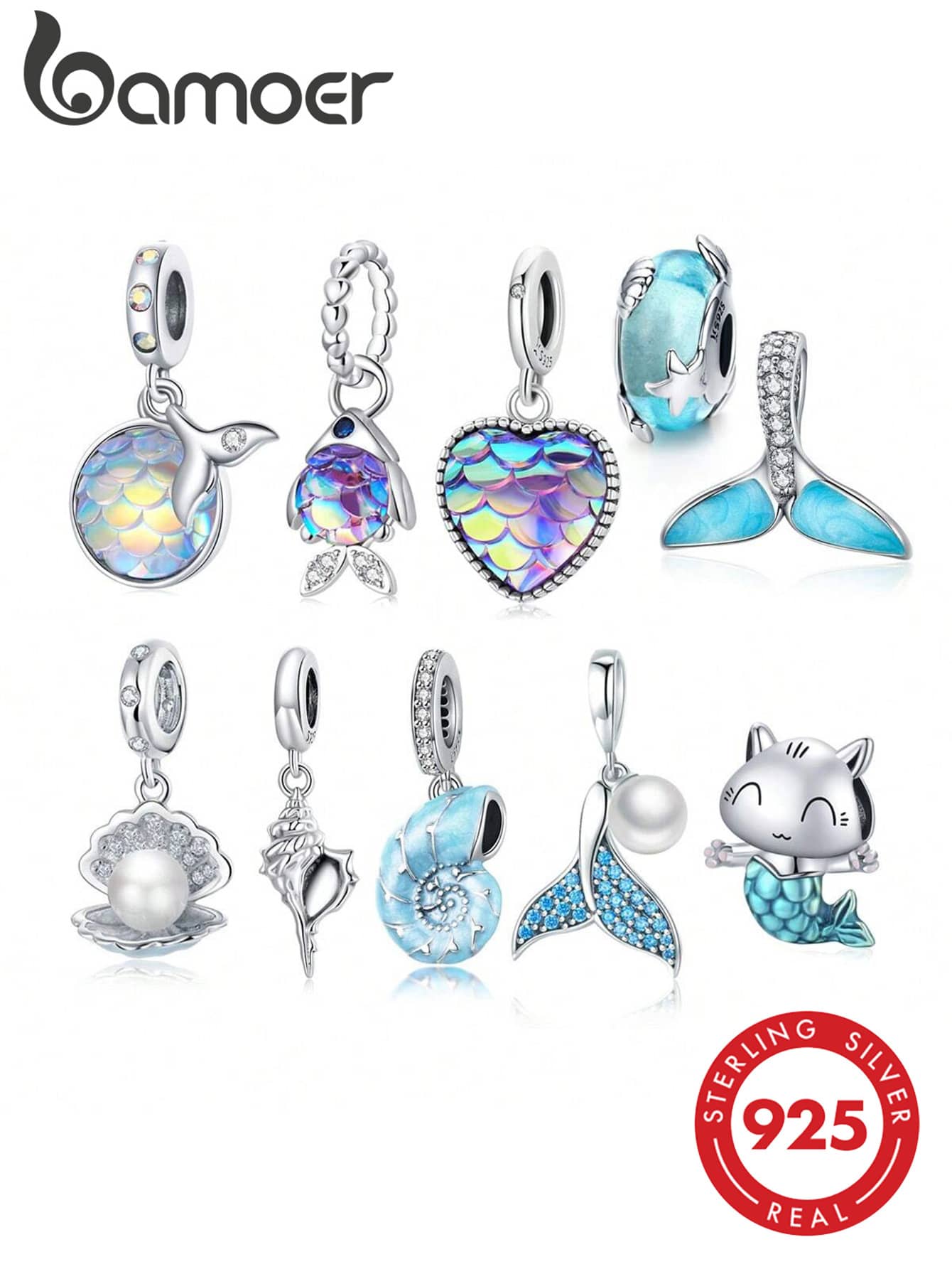 Bamoer 925 Sterling Silver Blue Ocean Series Pendant, Shell, Seashell, Mermaid Tail, Zirconia, Suitable For Necklace And Bracelet DIY, Summer Jewelry Gift